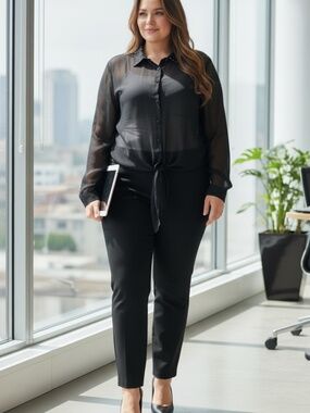 Plus Size Crystal Accent Semi Sheer Button Blouse